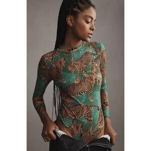 Farm Rio Women's Artsy Leopards Green Ribbed Bodysuit - Size Medium